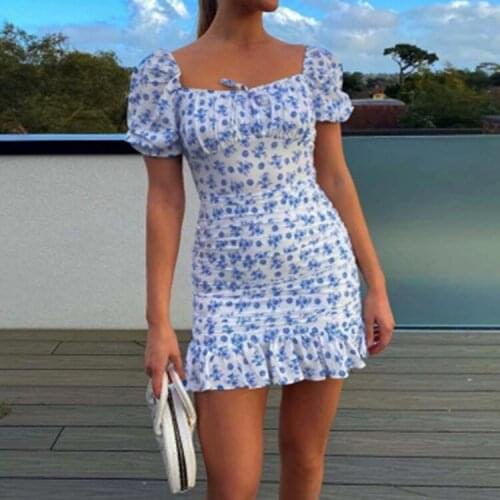 EIFER New fashion temperament blue floral ruffled lace-up dress for women