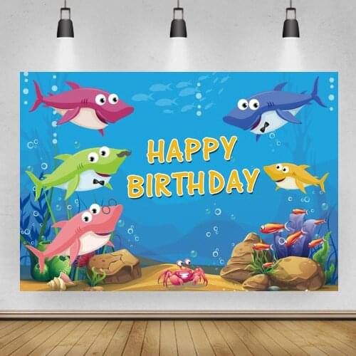 Underwater Cartoon Shark Photography Backdrop Baby Kids Birthday Party Decoration Blue Sea Photo Background Text Customize