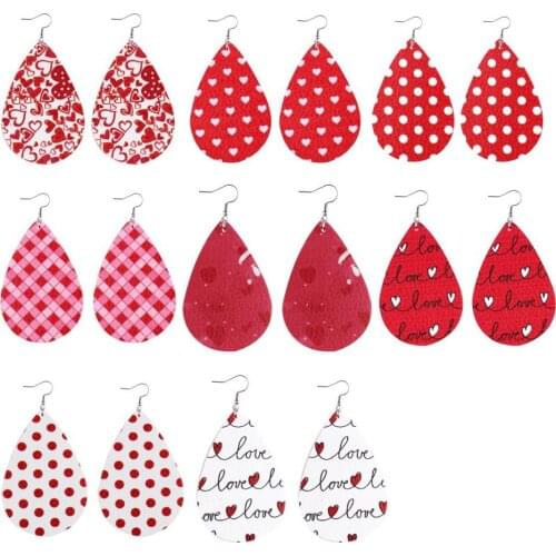 Valentines Day Love Heart Dot Earrings Female New Print Pattern PU Leather Drop Earrings Fashion Jewelry Gifts Wholesale