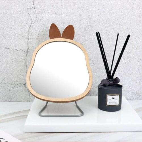 Creative Stainless Steel Bracket Cute Wooden Makeup Mirror Desktop Single Mirror HD Beauty Mirror Friend Gift