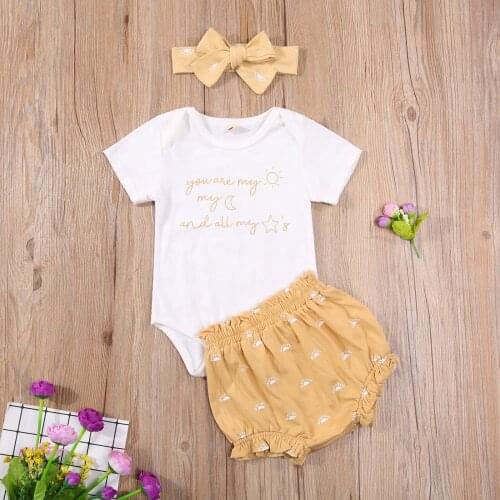 0-18M Sweet Infant Baby Girl Clothing Letter Short Sleeve Romper Top+Sun Print Triangle Shorts+Headband Soft Cotton Outfits