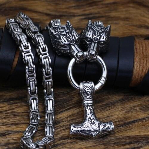 Stainless steel Mjolnir necklace men thor hammer necklace wolf with mjolnir necklace