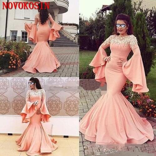 2019 New Mermaid Appliqued Arabic Evening Dresses Jewel Neck Hand Made Flower Beaded Poet Long Sleeve Formal Satin Prom Dress