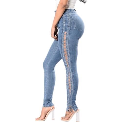 New Fashion Jeans Mujer 2020 Mom Jeans Lace Up Jeans Woman Straight Eyelet Denim Sexy Jeans for Women