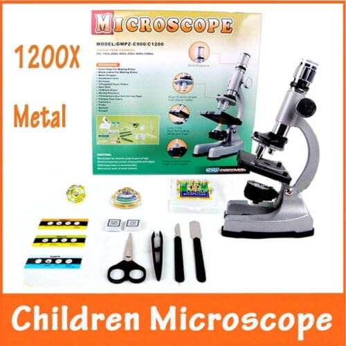 10X 20X Zoom Eyepiece Magnification 1200X Illuminated Child Metal Student Monocular Toy Microscope with Specimen for Children