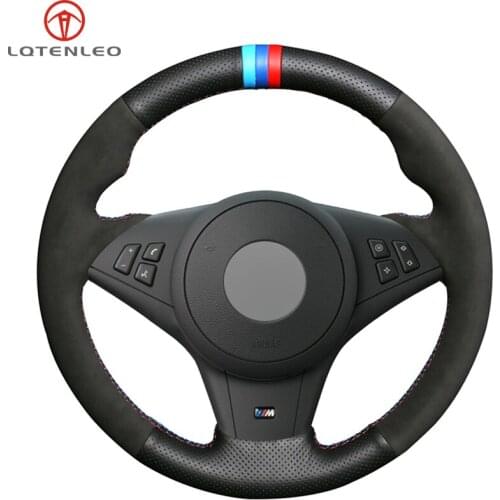 LQTENLEO Steering Wheel Cover Black Genuine Leather Suede For BMW E60 E61 Touring 530d 545i 550i E63 Coupe E64 630i 645Ci 650i