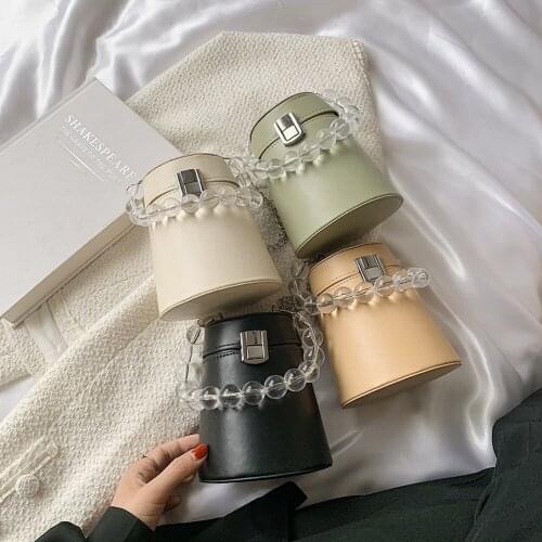 Casual Pure Color Chain Handbag Purse Fashion Women PU Solid Color Shoulder Bag Bucket Bead Mini Crossbody Bags