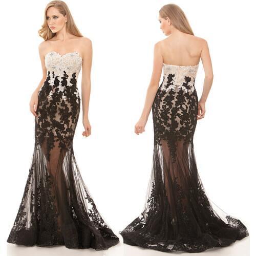 Sexy Long See Through Tulle Night Party Gown Black and White Appliques Prom Off Shoulder Summer Style bridesmaid dresses