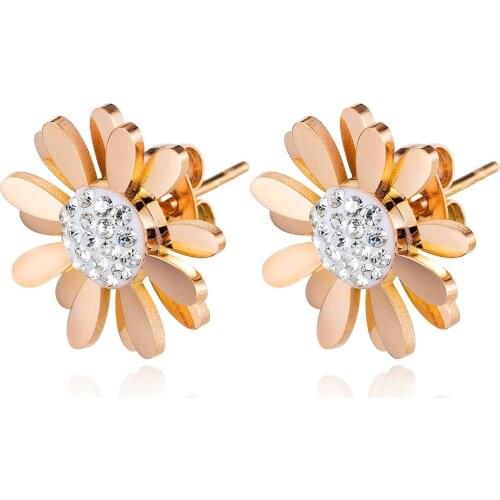Cyue European Small Daisy Stainless Titanium Steel Rose Gold Plated Stud Earrings For Women Jewelry Gift GE21096