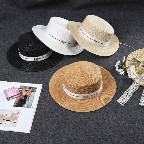 Sun Hats for Women Big Wide Brim Straw Beach Hat Summer UV Protection Cap Female Dress Hat Flat Top Embellished Letter Fedora