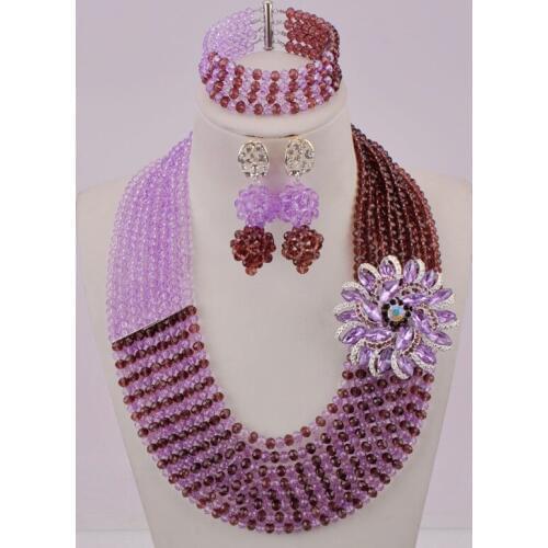Dark Purple and Lilac Costume Jewelry Set for Women African Necklace Nigerian Wedding Beads