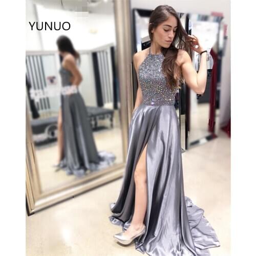 YUNUO A Line Elegant Grey Prom Dresses With Bling Crystals Satin Pageant Formal Dress Womens Slit Party Evening Gowns