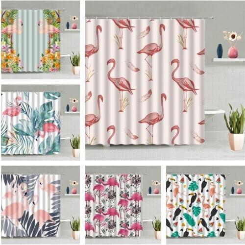 Flamingo Shower Curtain Tropic Animal Green Plant Flower Children Bathroom Wall Hanging Curtains Waterproof Hook Home Decor Set