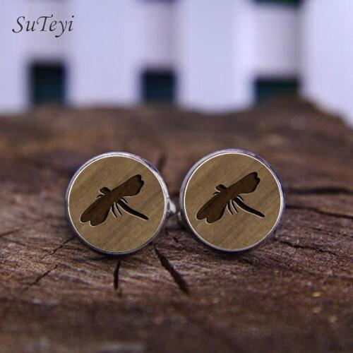 SUTEYI Animal Pattern Mens Cufflinks Glass Cabochon Cufflink Dragonfly Insect Art Picture Cuff Links Handmade Gift Jewelry