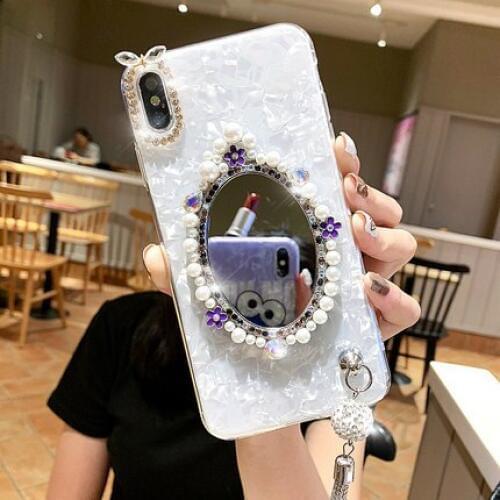 Pearl Makeup mirror soft Phone Case Cover For iPhone 12 11 Pro Max X XS MAX XR 7 8 Plus 6S Plus Case diamond Pendant stand Coque