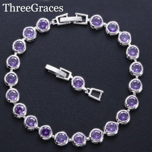 ThreeGraces Classic Silver Color Round Purple Cubic Zirconia Crystal Women Friendship Tennis Bracelets for Dancing Party BR108