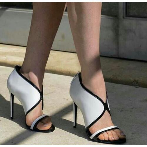 2018 Summer New Fashion Black And White Leather Patchwork Women Sexy Open Toe Sandals Cut Out Style Ladies Fashion High Heels