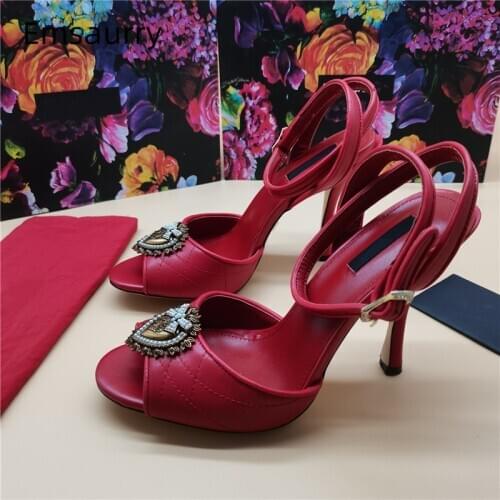 Metal Love-heart Buckle Decor Party Sandals Women Thin High Heels Sexy Open Toe Sewing Real Leather Summer Shoes Woman
