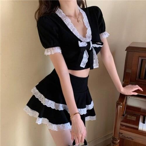 2021 New Japanese Style Two Piece Set Women Lace Short-Sleeved V-Neck Bowknot Crop Top + Cake Shirt Suits Kawaii Sweet 2pcs Sets