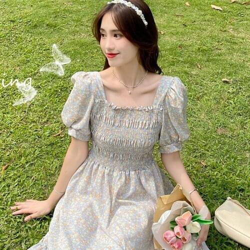 Vestido De Mujer 2021 Summer Vintage French Floral Robe Ruffled Square Collar Midi Dress Elegant One-Piece Korean Women Vestido