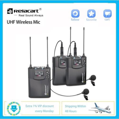 Relacart CR1 CR2 UHF Wireless Microphone System Dual Channel Vlog Interview Recording Studio Mic for DSLR Camera Smartphone