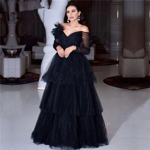 Black Muslim Evening Dresses A-line V-neck Long Sleeves Tulle Tiered Dubai Saudi Arabic Long Evening Gown Prom Dresses