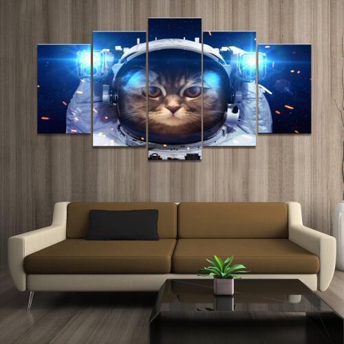 Home Decor Poster HD Pictures Prints Canvas 5 Piece Modular Astronaut Cat in Outer Space Living Room Decorative Painting Framed