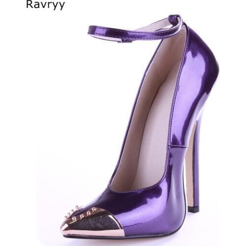 Purple Woman high heel Golden Pointed Toe rivets Sexy Pumps thin heel female shoes stiletto Model Show club party dance shoes