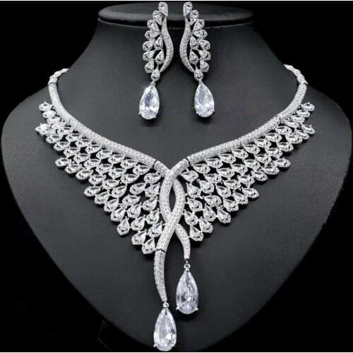 HIBRIDE Hot Sale New Fashion Vintage Red Green Blue Crystal Water Drop Necklace Earrings Set Wedding Party Birthday Gift N-114