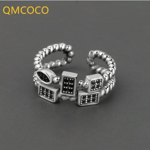 QMCOCO 925 Silver Retro Irregular Round Bead Ring For Woman INS Personality Hip-Hop Double Design Adjustable Index Finger Ring