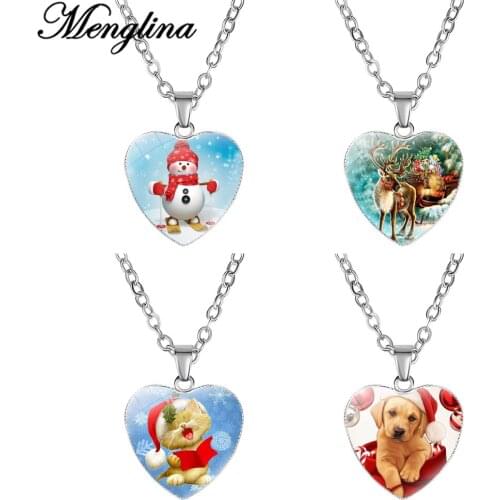 Fashion Merry Christmas Snowman Deer Cat Dog Pendant Necklace Cute Glass Cabochon Heart Charm Necklace for Girls Women Gifts