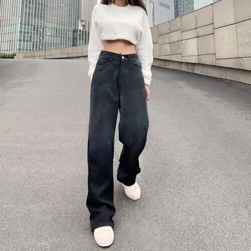 Fashion High Waist Women Jeans Black Oversized Straight Trousers Women Wide Legs Denim Casual Pants Retro 2021