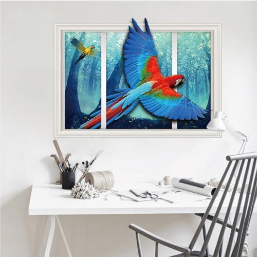Window scenery macaw wall stickers PVC Material 3D wall poster for Living room bedroom kids room wall decoration stickers