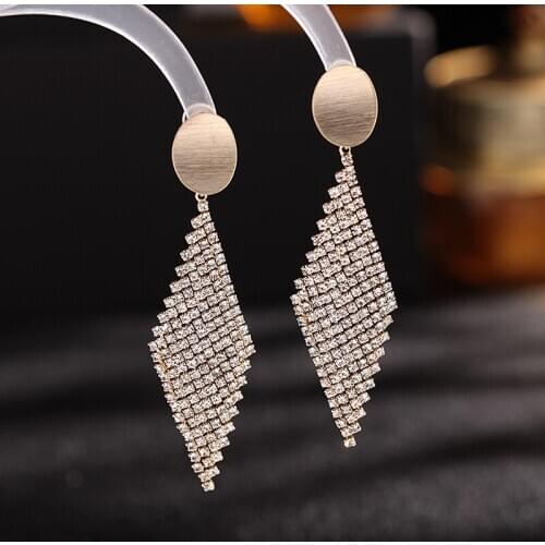 Top Quality Korea Gem Earrings Female Full Rhinestone Fashion Long Geometric Prevent Allergy Stud Ear