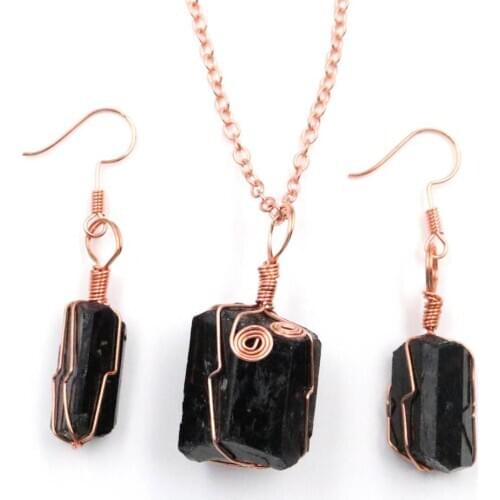 Rose Gold Color Wire Wrap Irregular Shape Black Tourmaline Stone Necklace Drop Earrings Ethnic Style Jewelry Sets