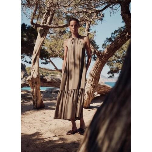 UK Luxu 100% Sand Washing Silk Draped Ruffle Maxi Halter Bowknot Dress Elegant Golden Brown Sleeveless Loose Holiday Vacay Gown