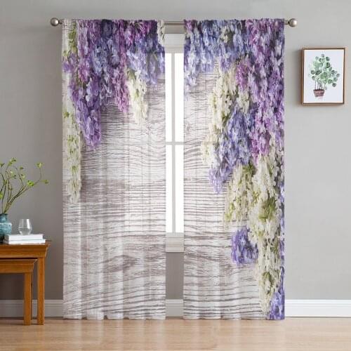 Lilac Purple Spring Wood Board Gauze Curtains For Childrens Bedroom Kitchen Screen For Living Room Holiday Decor Voile Curtain