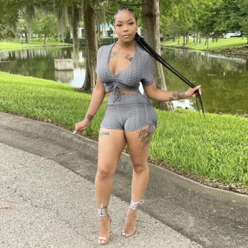 Black Grey Pink Elastic Hight Two Piece Sport Set Home Suit for Women Ruched Drawstring Crop Top and Workout Biker Short Outfit