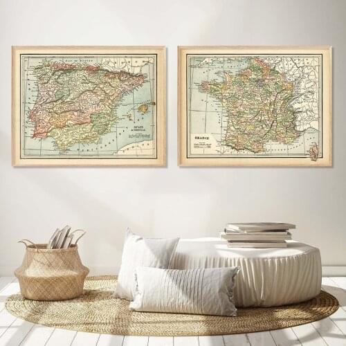 Vintage Country Map France Spain Portugal Posters Canvas Painting Wall Art Print Picture for Living Room Interior Home Decor