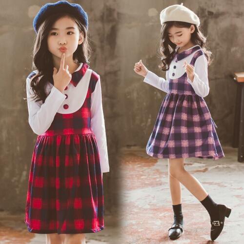 Vintage Girls Plaid Dress Fashion Cotton Long Sleeve Slim Button Front Shirt Dress Kids Girls Retro Casual Loose Blouse Age 4-13