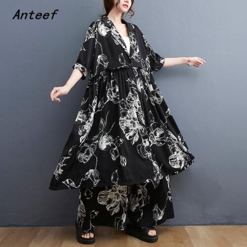 Vintage floral 2 two piece set women short sleeve casual loose midi summer blazer dress elegant clothes 2021 wide leg pants
