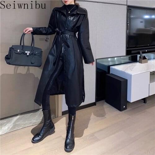 Cool PU Leather Long Jacket 2020 New Spring Women Loose Belt PU Leather Windbreaker Trench Coat Slim Autumn Jacket