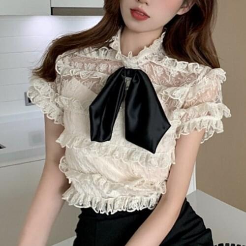 #4083 Apricot Chiffon Blouse Women Bow O Neck Office Blouse Female Formal Short Sleeve Lace Blouse Women Sexy Spring Autumn 2021