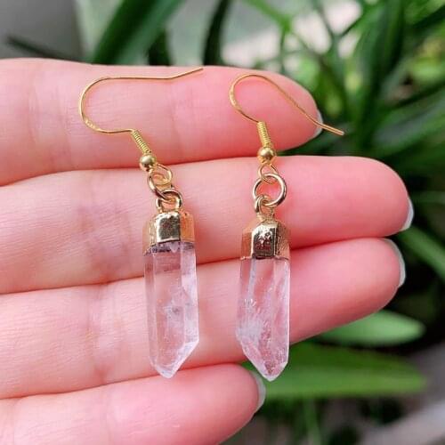 Reiki Healing Jewelry Natural Crystal Quartz Earrings Small Stone Point Pendulum Column White Clear Quartz Dangle Earrings Women