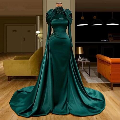 Hunter Green Muslim Prom Dresses 2021 Luxury Crystal Pearls High Neck Long Sleeve Mermaid Beaded Arabic Evening Gowns Vestidos
