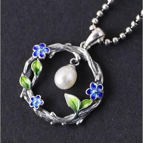 100% real S925 pure silver new female pendant stylish leaf flower burned blue pearl pendant for woman