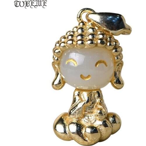100% 925 Silver Gold Plated Little Buddha Pendant Natural Jade Tibetan Buddha Pendant Ladys Pendant Buddhist Good Luck Amulet