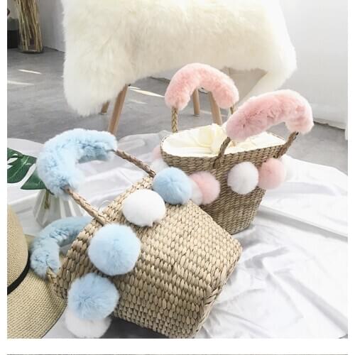2021 Bohemian Beach Bag Women Handmade Rabbit hair Straw Bags Summer Grass Handbags Drawstring Basket Totes Bag Travel Tote
