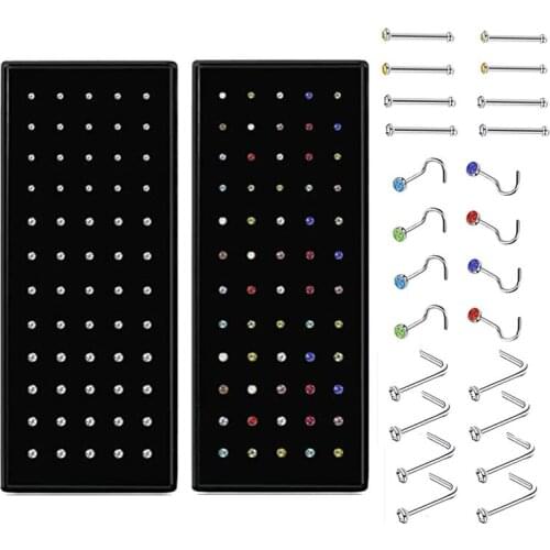 24/60pcs/box Stainless Steel L/C Shape Nose Stud Rhinestone Crystal Straight Stud Nose Ring Set Nose Stud Lot Piercing Jewelry
