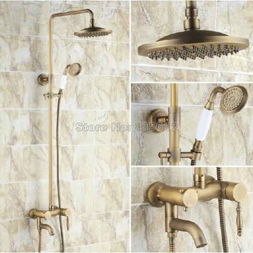 Antique Brass Wall Mounted Bathroom Single Handle Bathtub Mixer Tap & Rain Shower Faucet Set with 8 inch Shower Head Wrs151